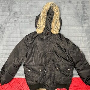 Guess Bomber Jacket Mens Medium Black Faux Fur Hood Nylon Utility Puffer Coat
